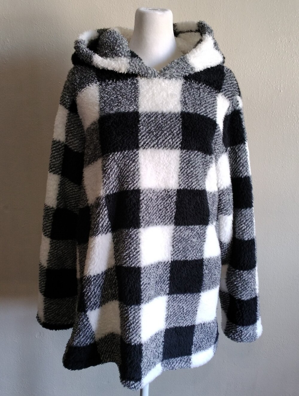Fleece Black & White Check Pullover Hoodie Hooded Sweatshirt Womens Large - Picture 2 of 9
